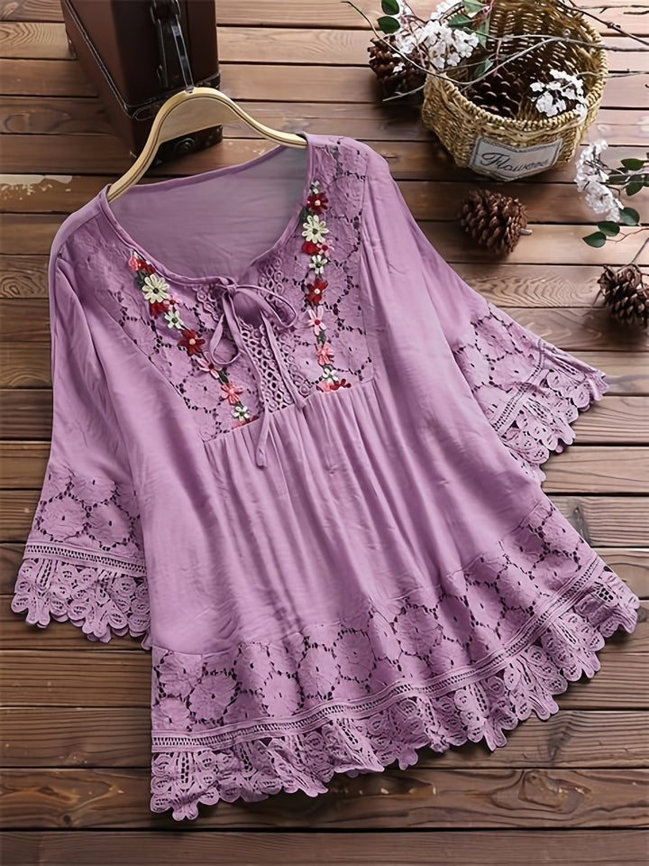 Camicetta elegante in pizzo patchwork con scollo a V