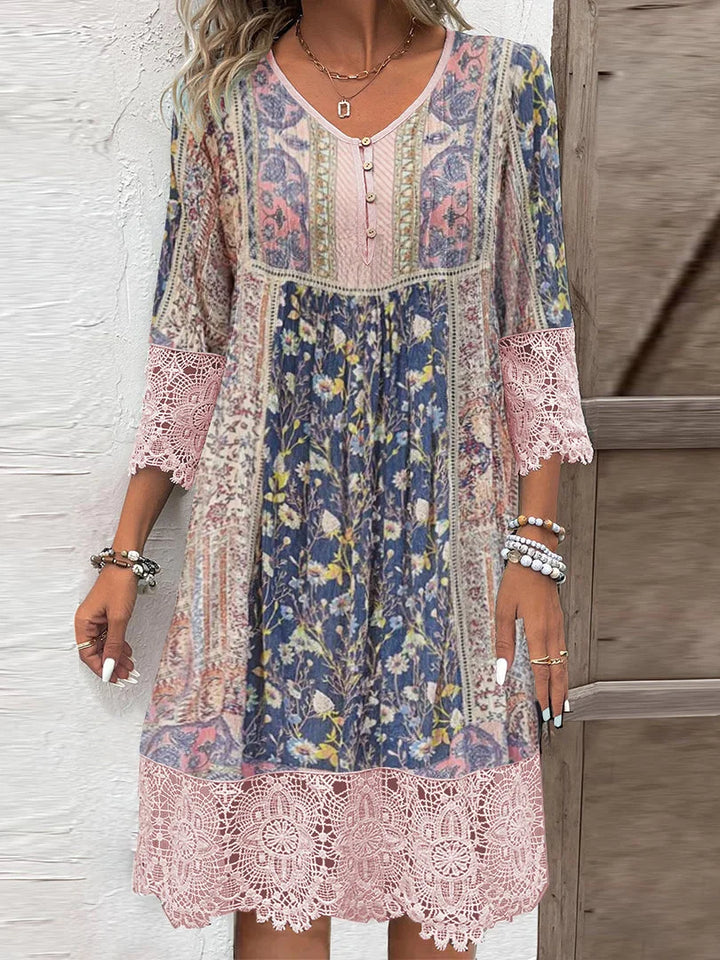 Abito Rebeca con stampa vintage e pizzo