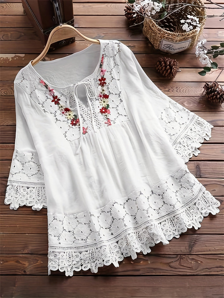 Camicetta elegante in pizzo patchwork con scollo a V