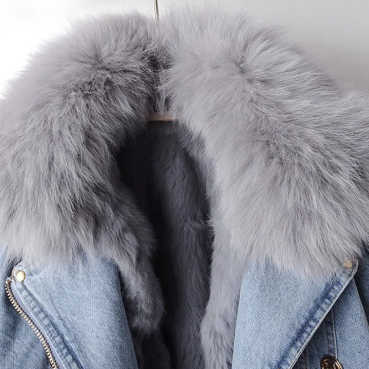 Cappotto in denim con pelliccia di volpe foderata Margaux Luxe